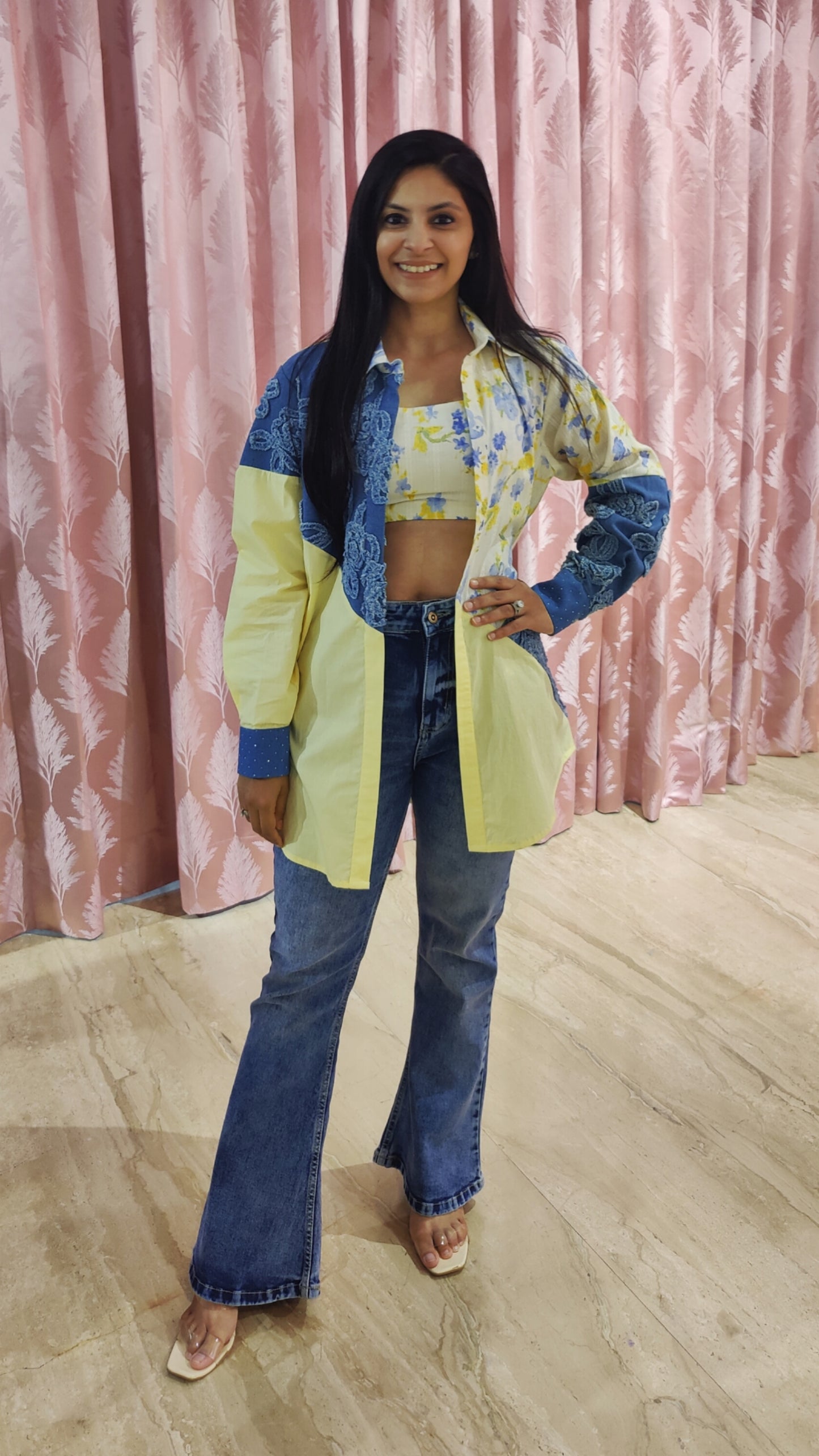 Cotton & Denim mix Open Shirt with Crop Top