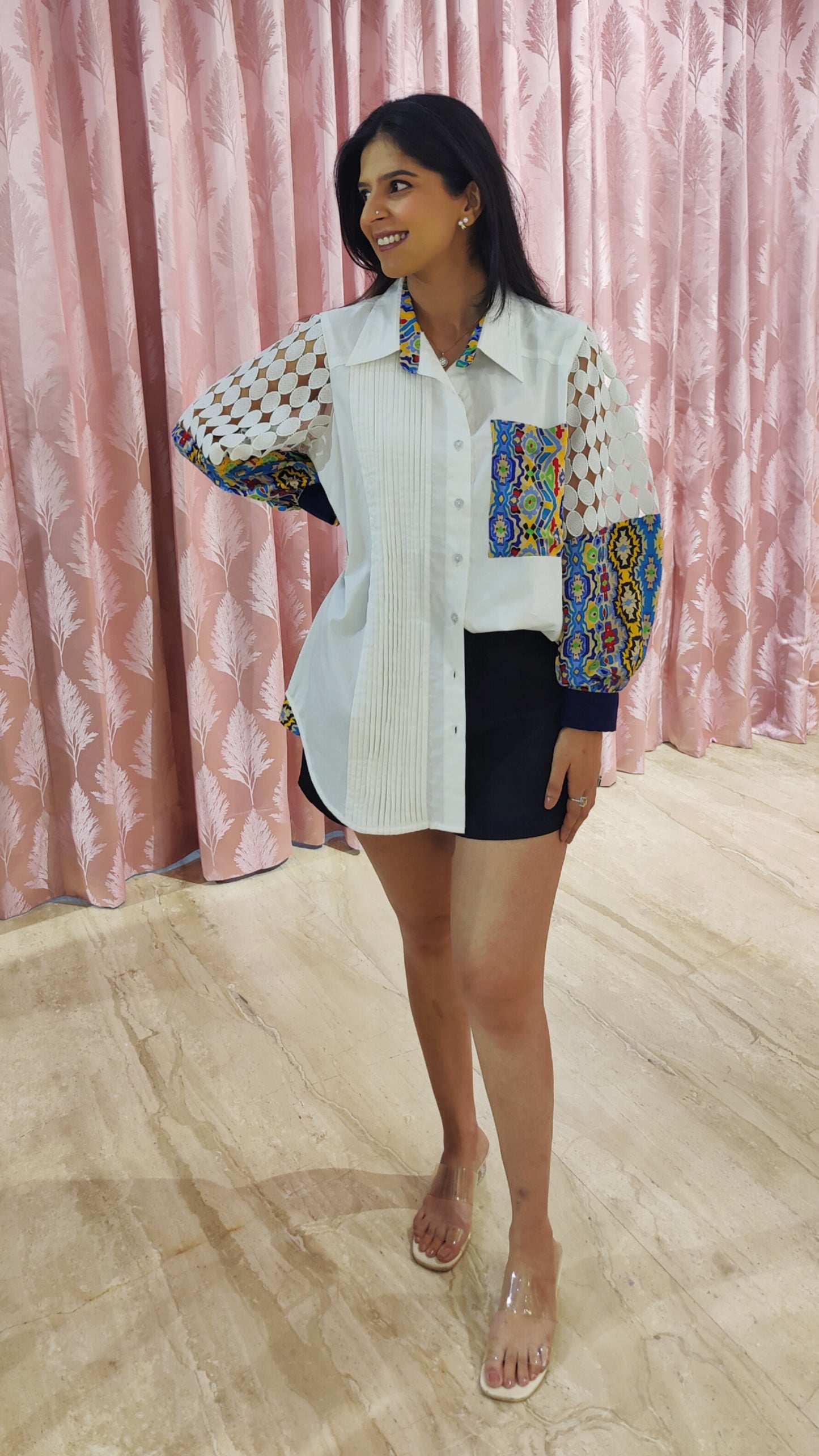 Cotton shirt with hakuba & multicolor print design