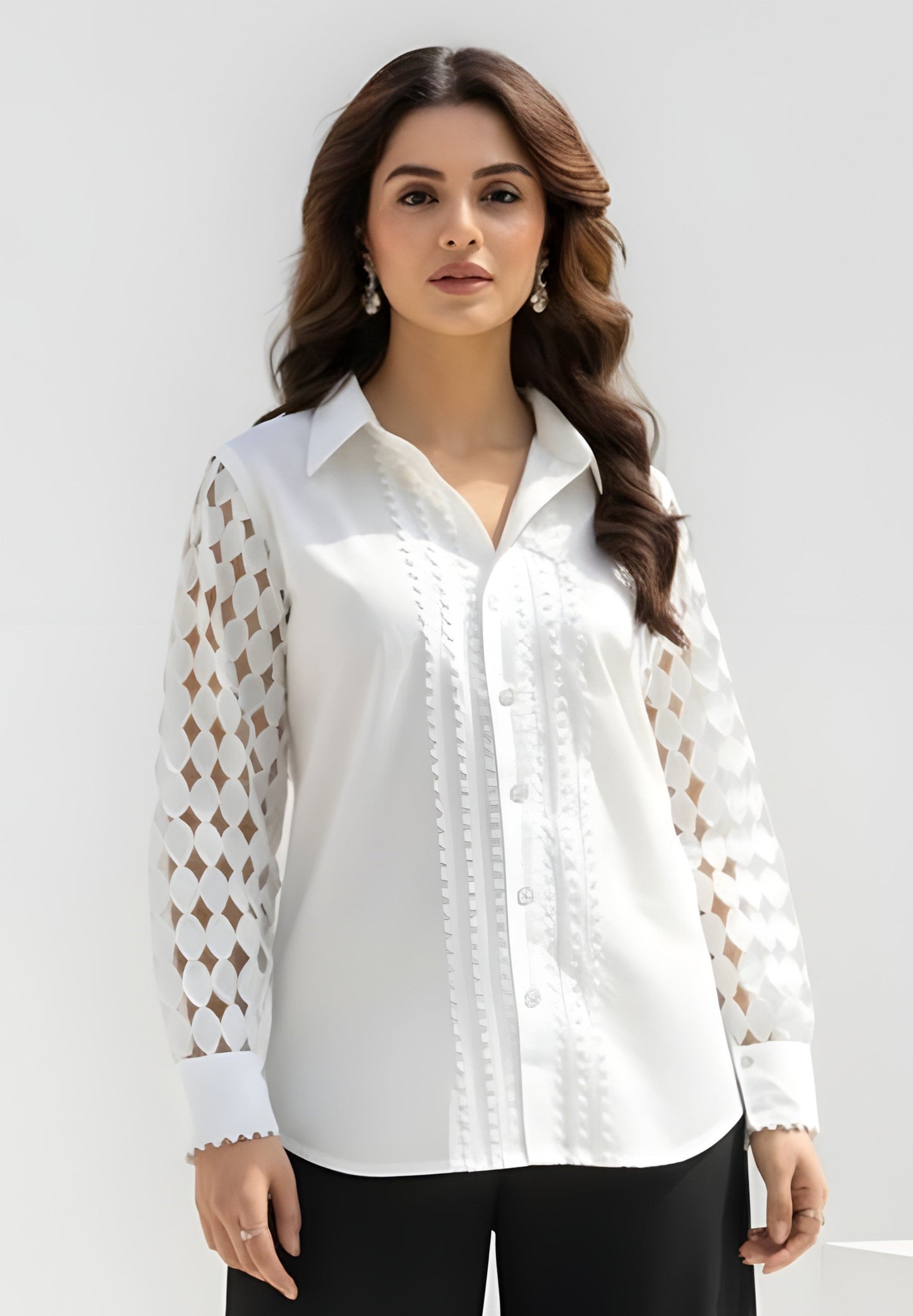 Cotton Shirt with Hakuba Full Sleeves & Lace Detailing