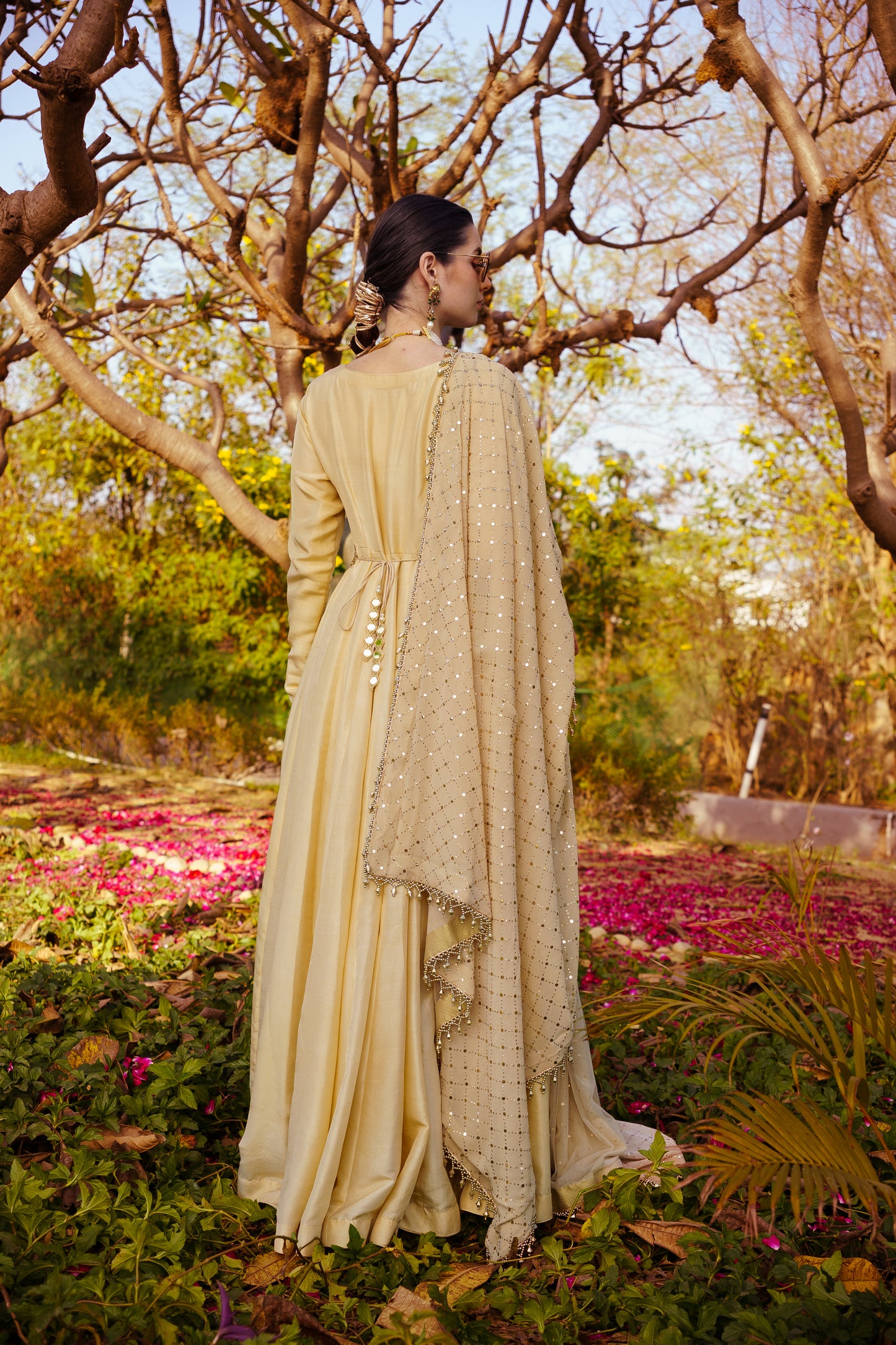 Silk Full Sleeves Anarkali + Mukaish Jaal Dupatta + Mirror Work Belt