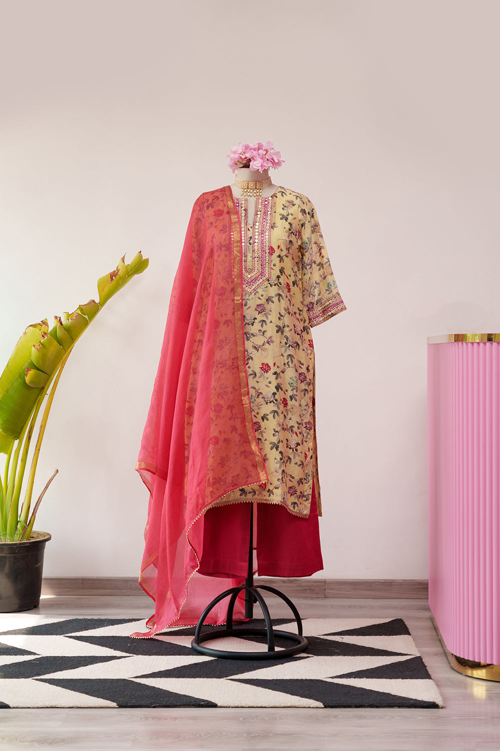 Yellow & Red Printed Suit with Patti and Thread embroidery
