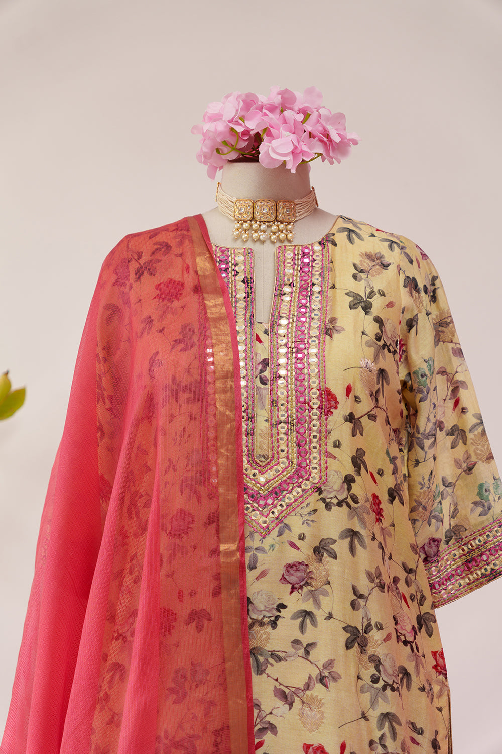 Yellow & Red Printed Suit with Patti and Thread embroidery