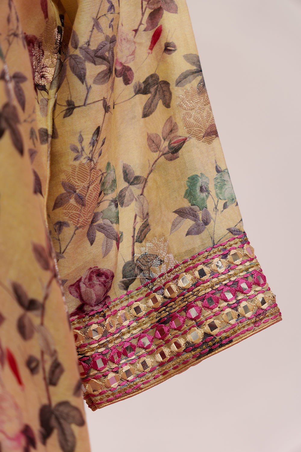 Yellow & Red Printed Suit with Patti and Thread embroidery