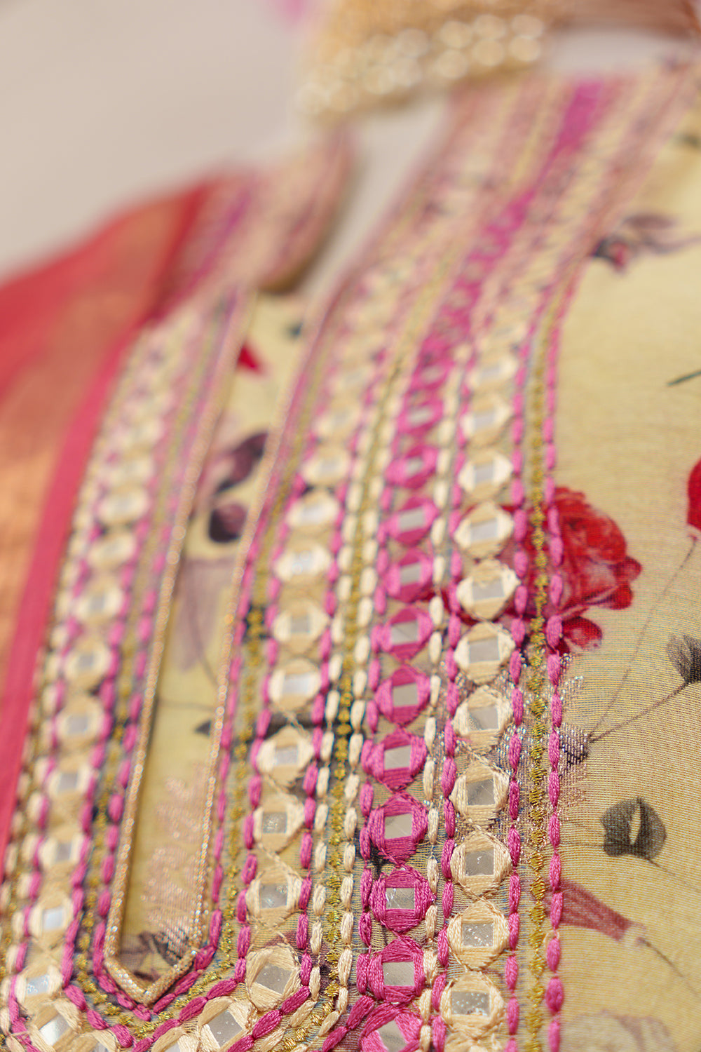 Yellow & Red Printed Suit with Patti and Thread embroidery