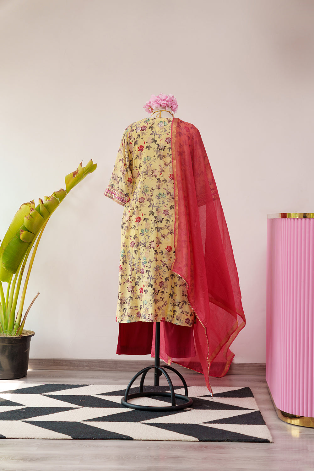 Yellow & Red Printed Suit with Patti and Thread embroidery