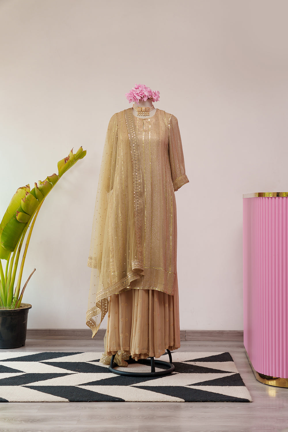 Thread & Sequence embroidered Straight Suit with Flared Sharara & Chinta Dupatta