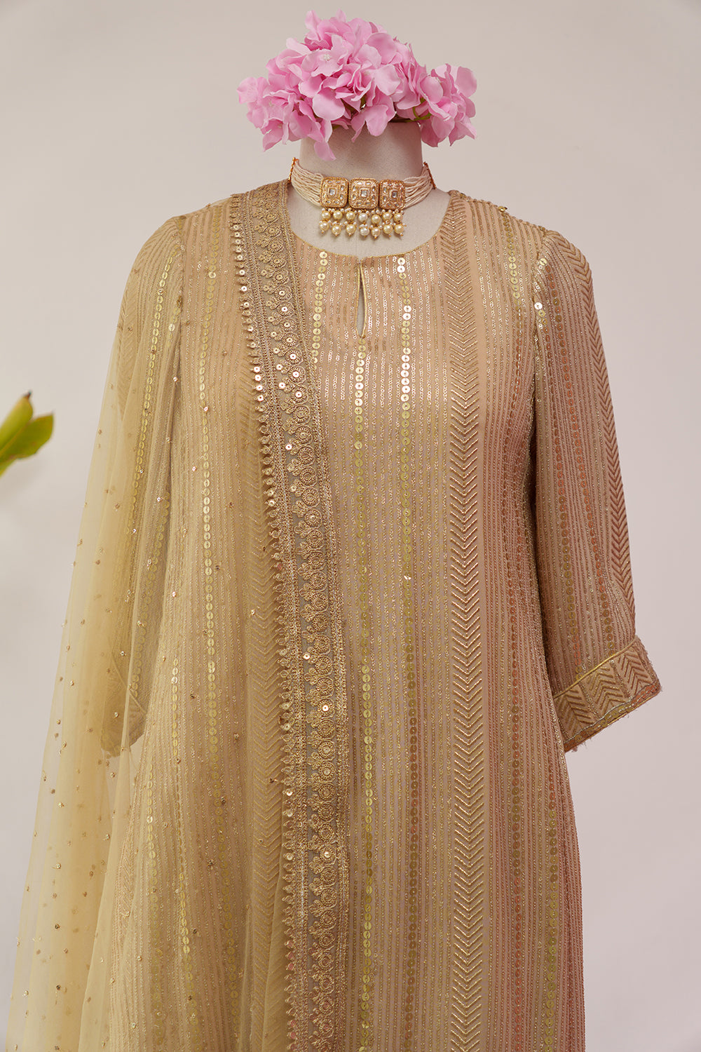 Thread & Sequence embroidered Straight Suit with Flared Sharara & Chinta Dupatta