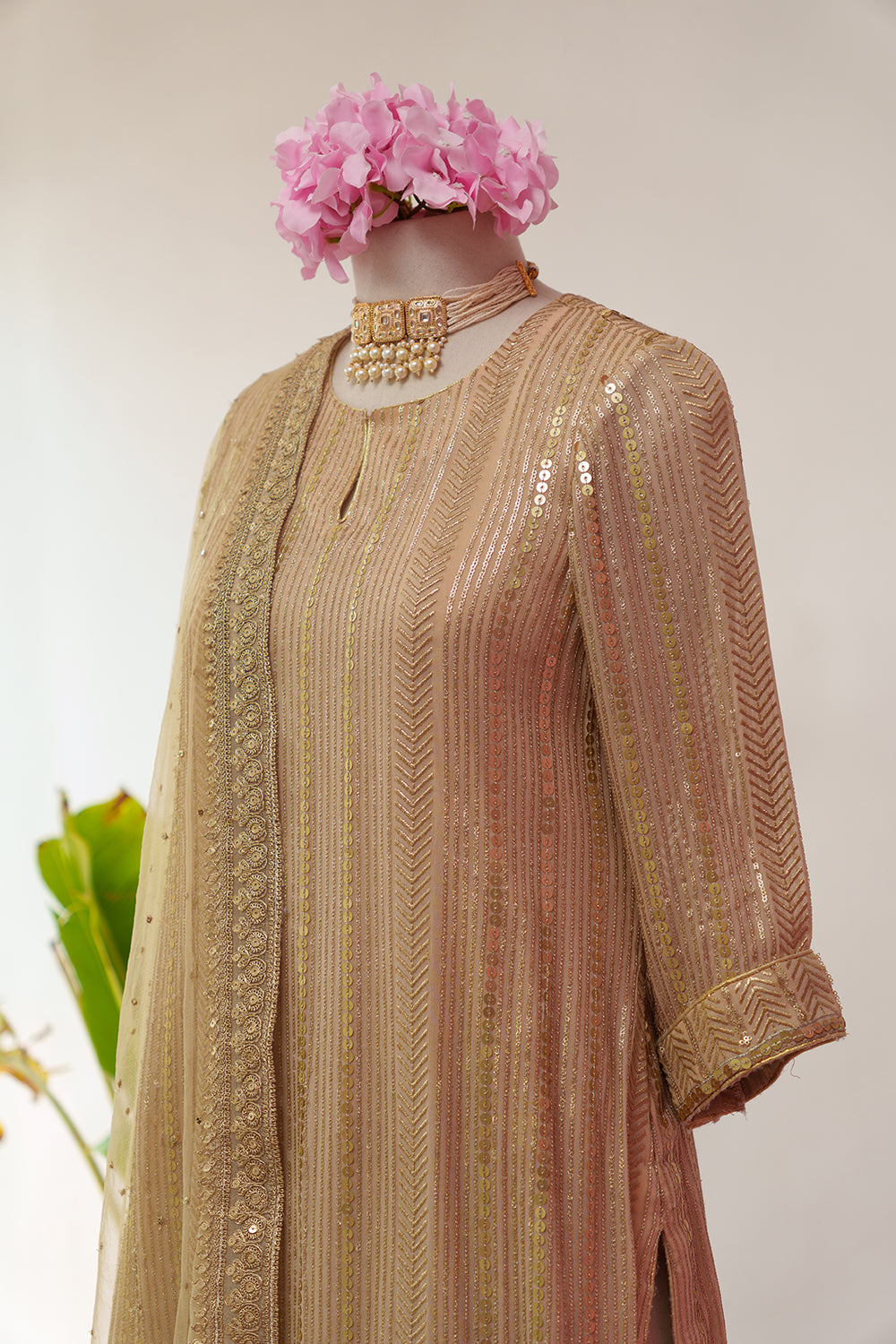 Thread & Sequence embroidered Straight Suit with Flared Sharara & Chinta Dupatta