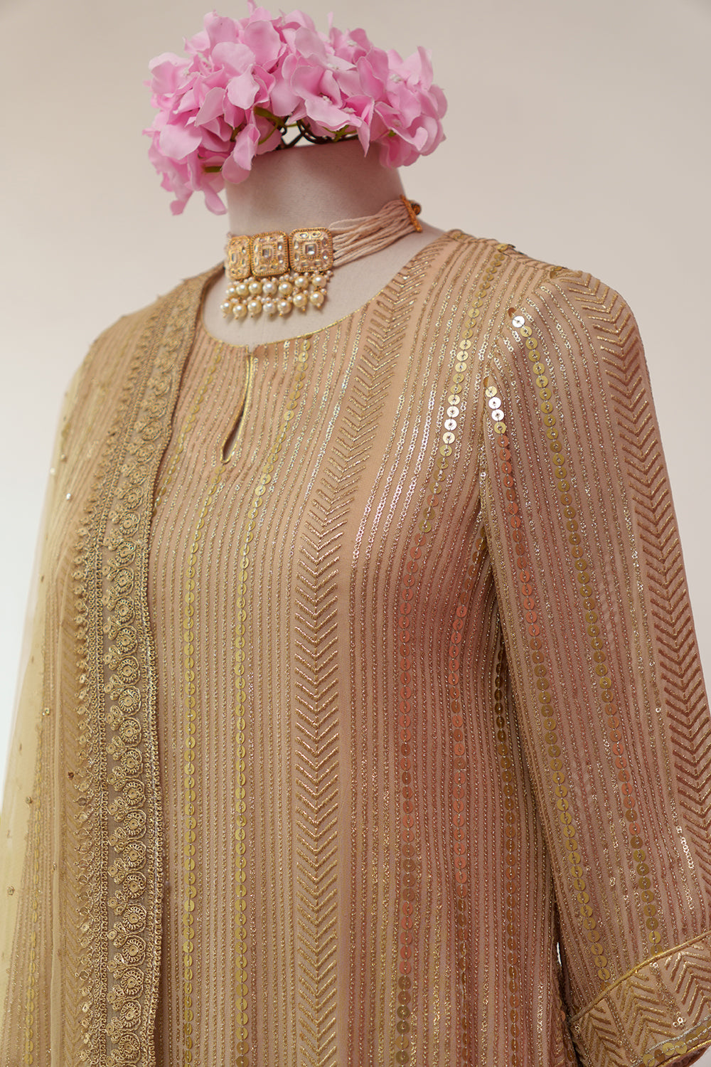 Thread & Sequence embroidered Straight Suit with Flared Sharara & Chinta Dupatta