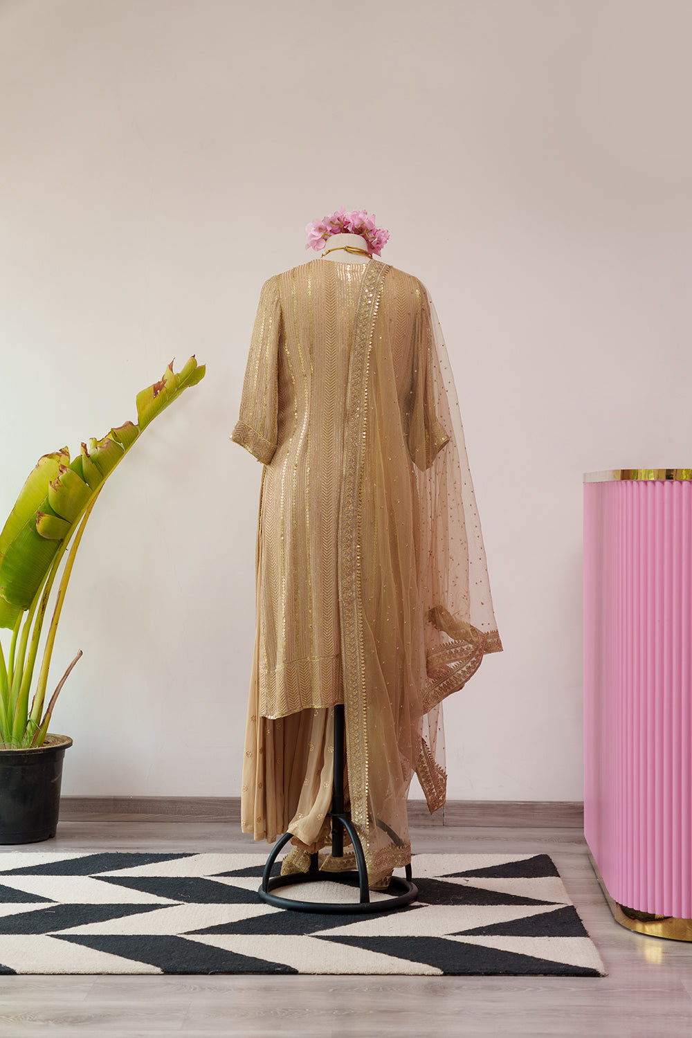 Thread & Sequence embroidered Straight Suit with Flared Sharara & Chinta Dupatta