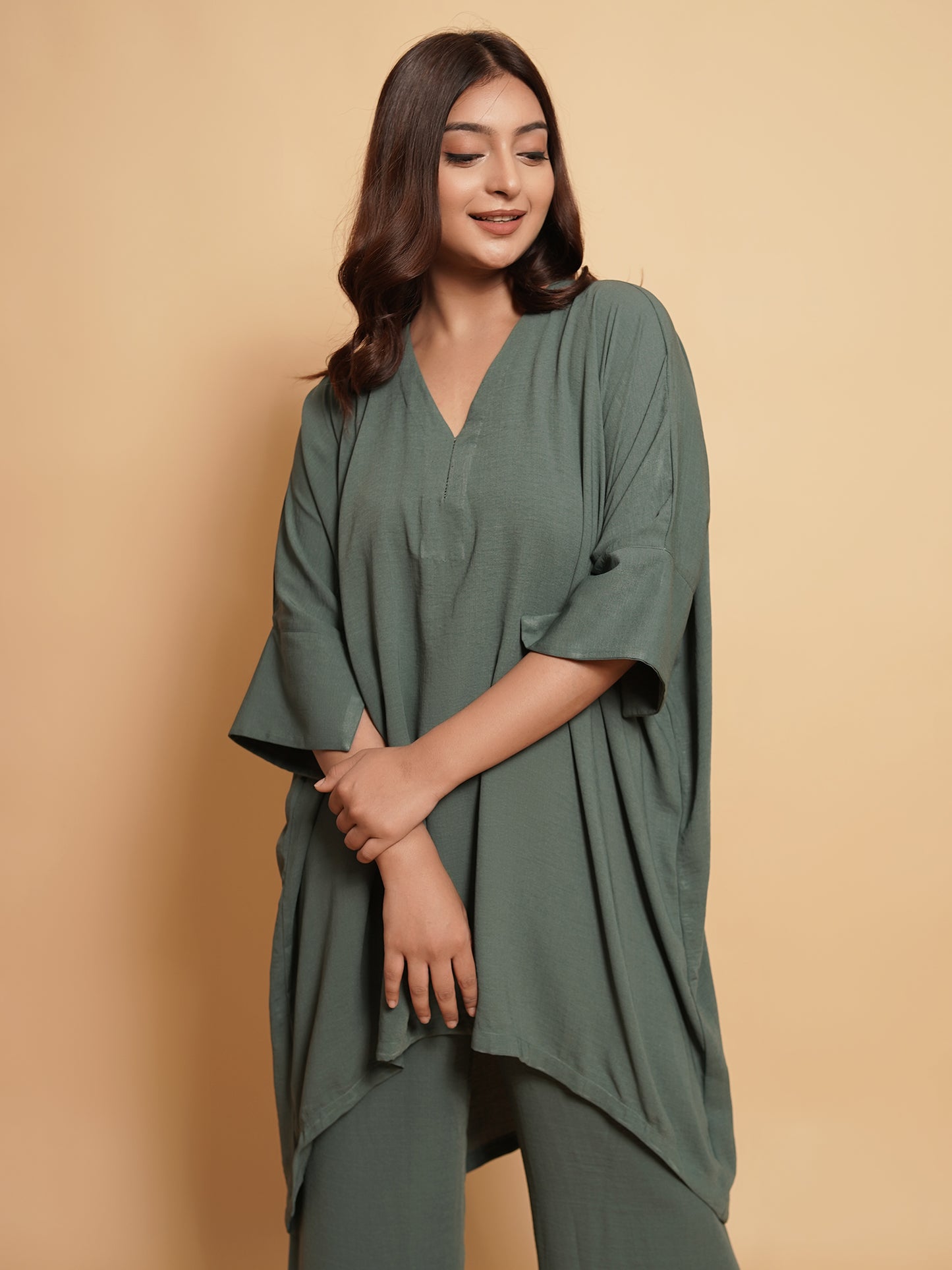 High Low Co-ord Set in Green Color