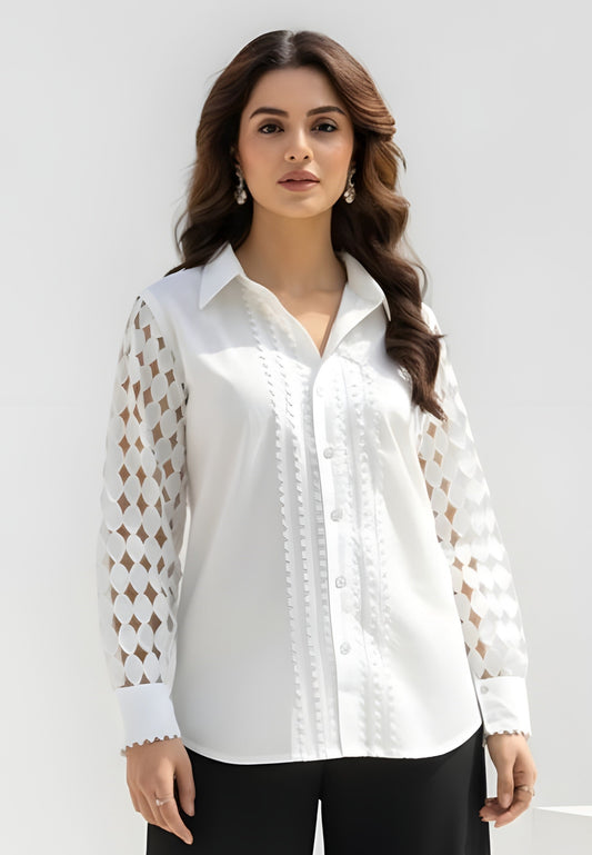 Cotton Shirt with Hakuba Full Sleeves & Lace Detailing