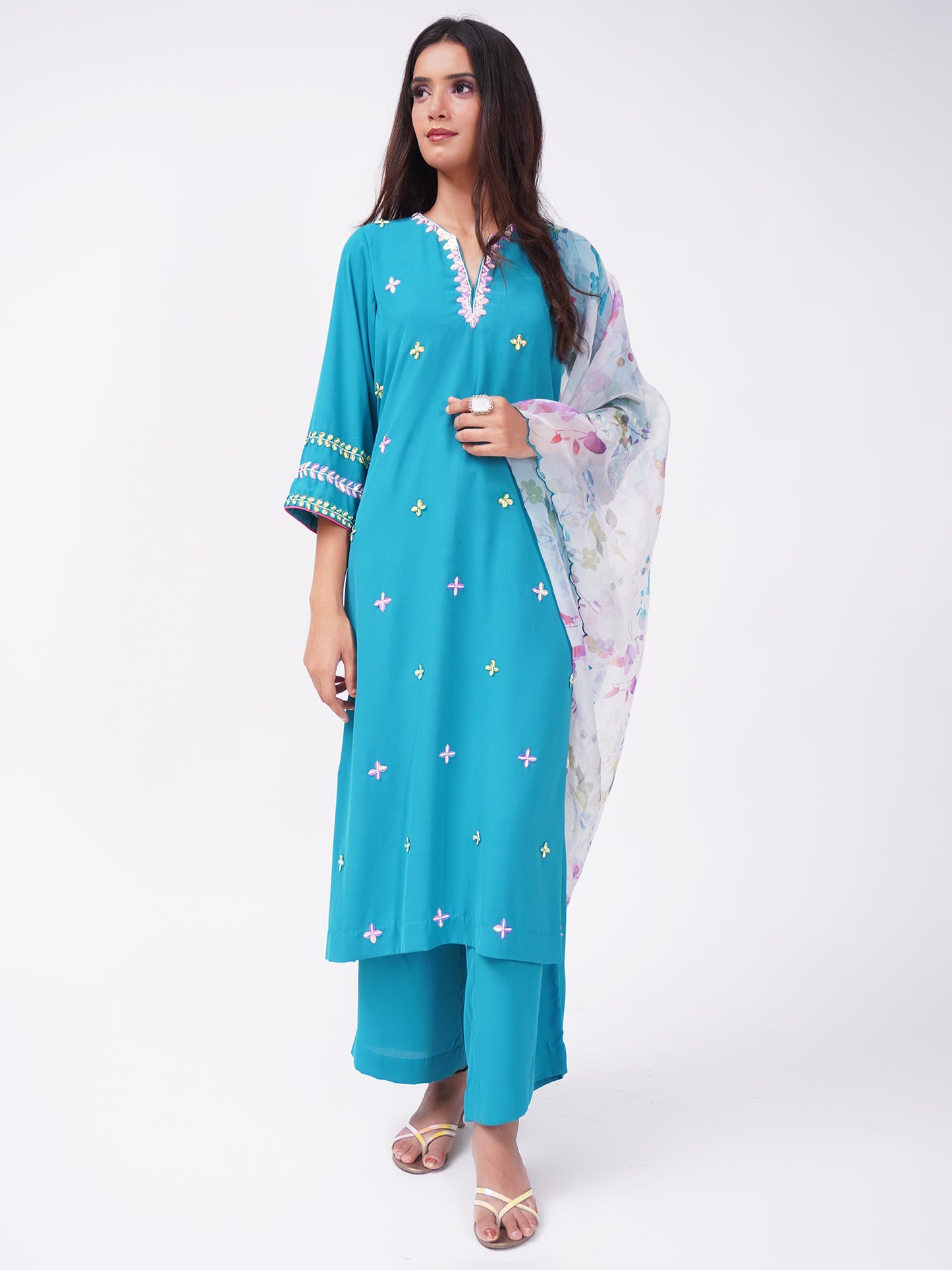 Teal Blue Kurta Set with Printed Dupatta