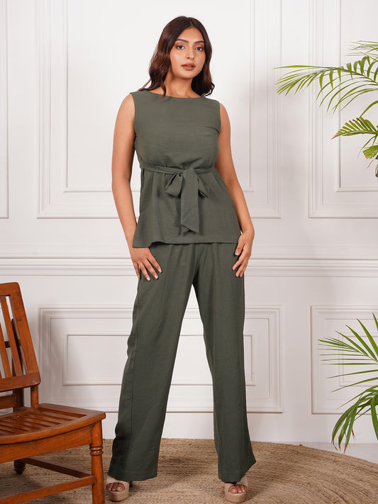 Tie Knot Sleeveless Top & Pant Set in Solid Green Color