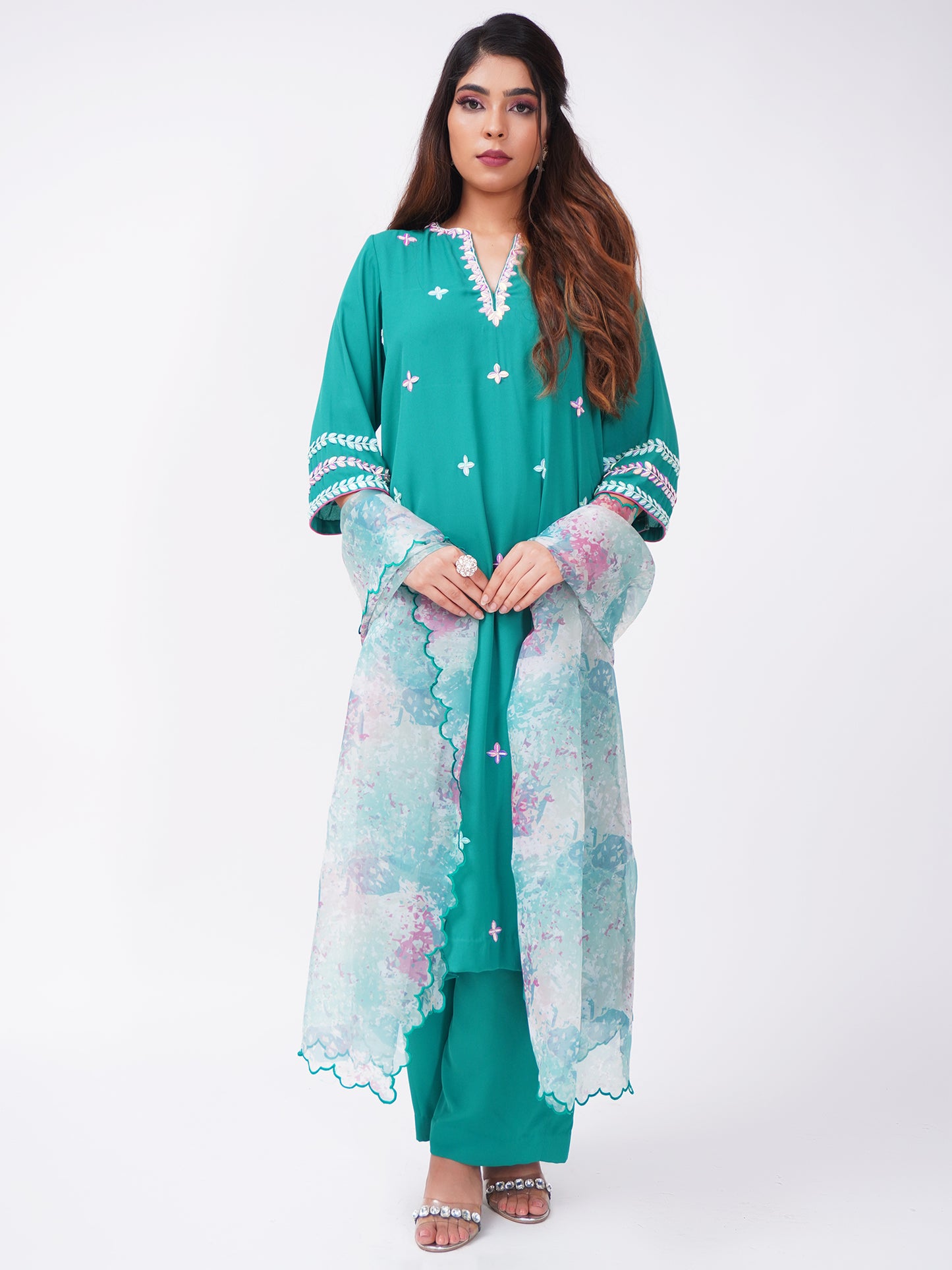 Green Kurta Set with Printed Dupatta