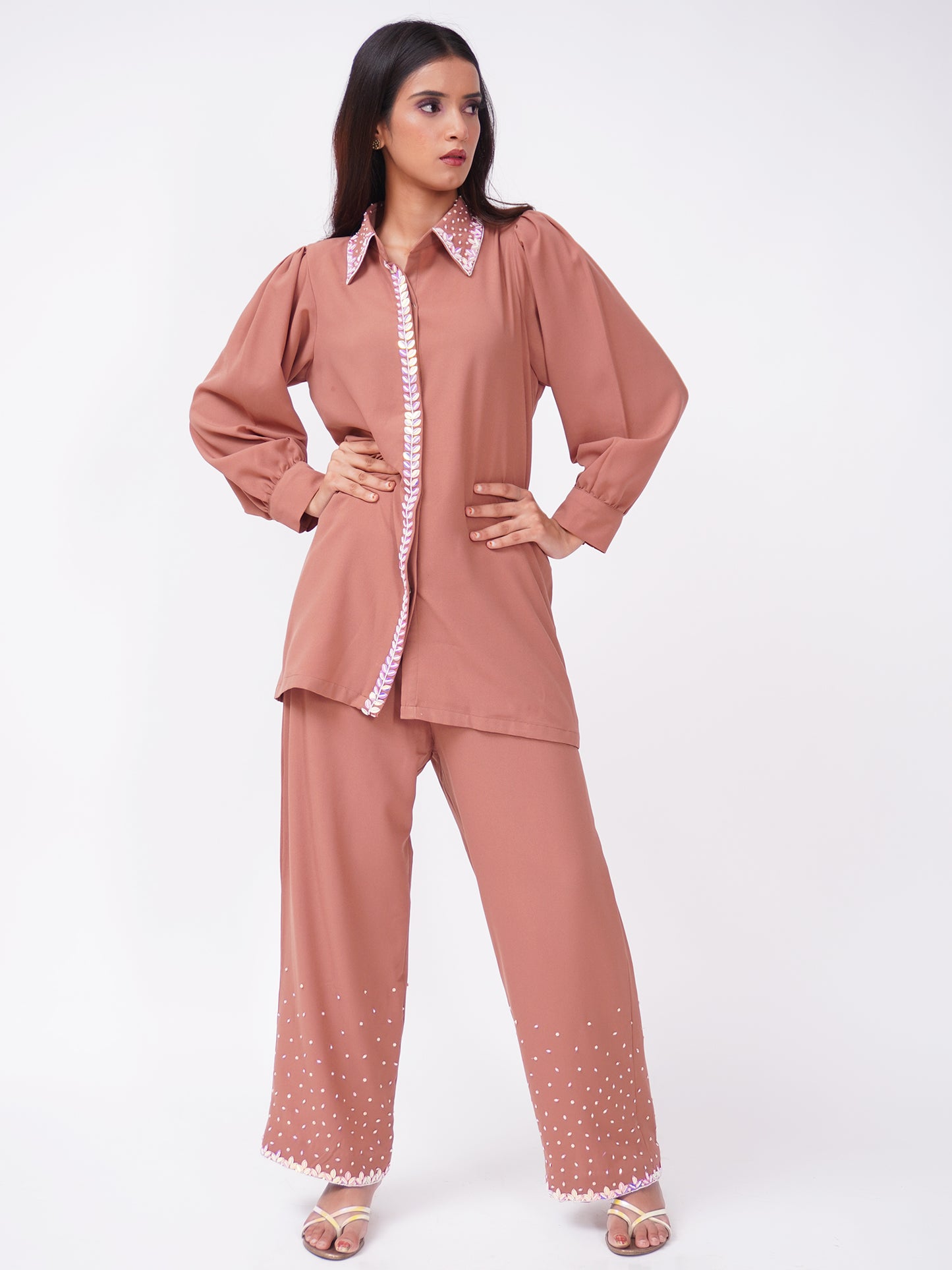 Camel Color Co-ord Set with Acrylic Hand Embroidery