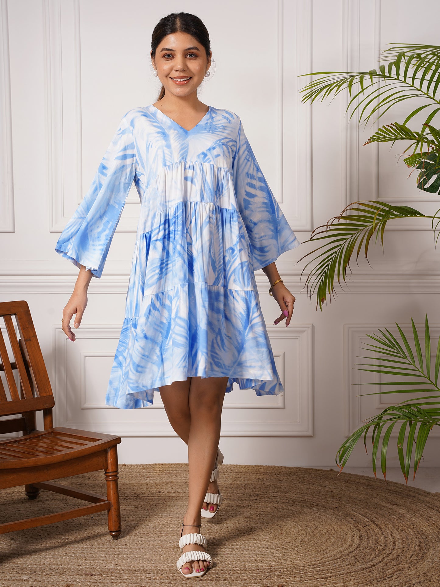 Flared Dress in Arctic Blue Leaf Print