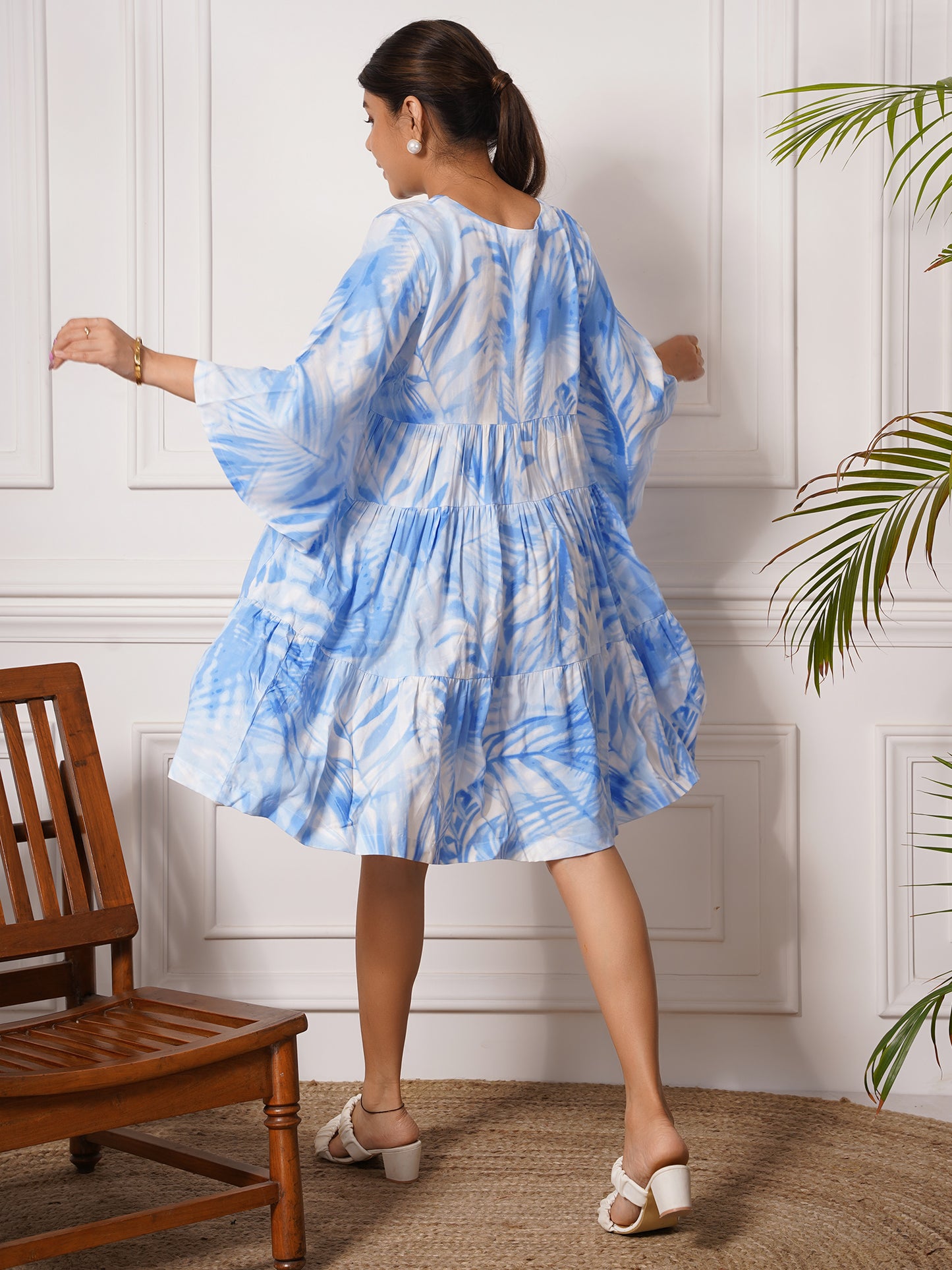 Flared Dress in Arctic Blue Leaf Print