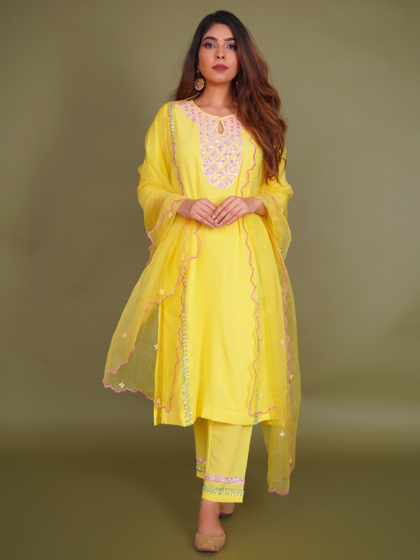 Yellow Straight Suit with Organza Dupatta