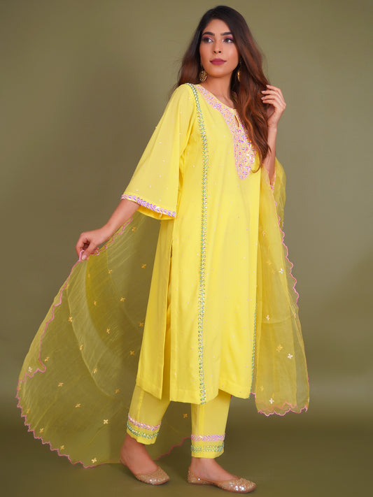 Yellow Straight Suit with Organza Dupatta