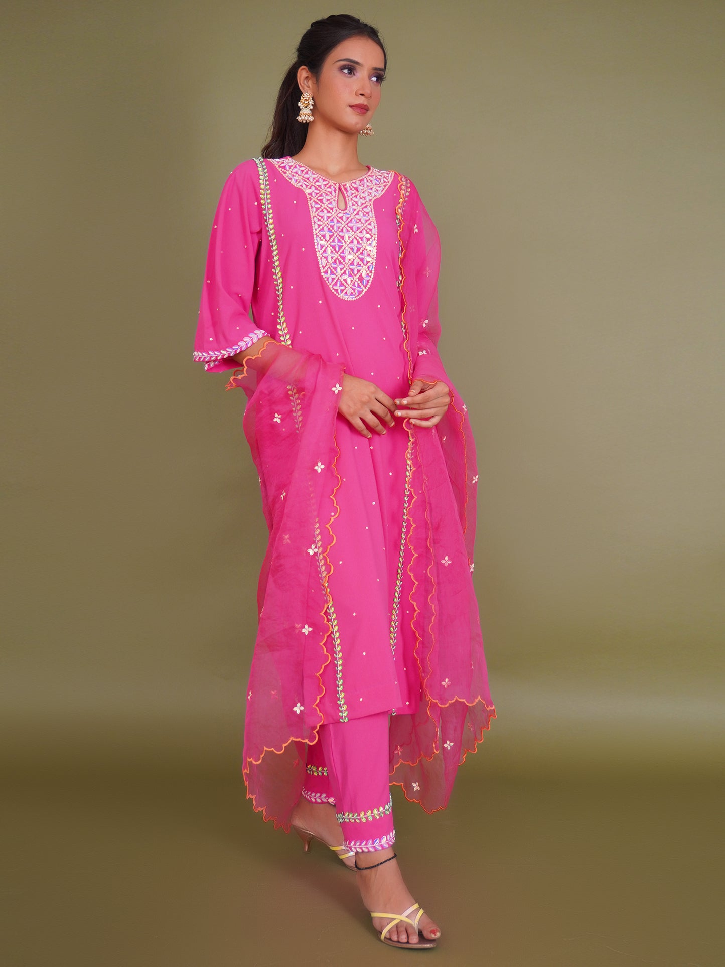 Rani Pink Straight Suit with Organza Dupatta