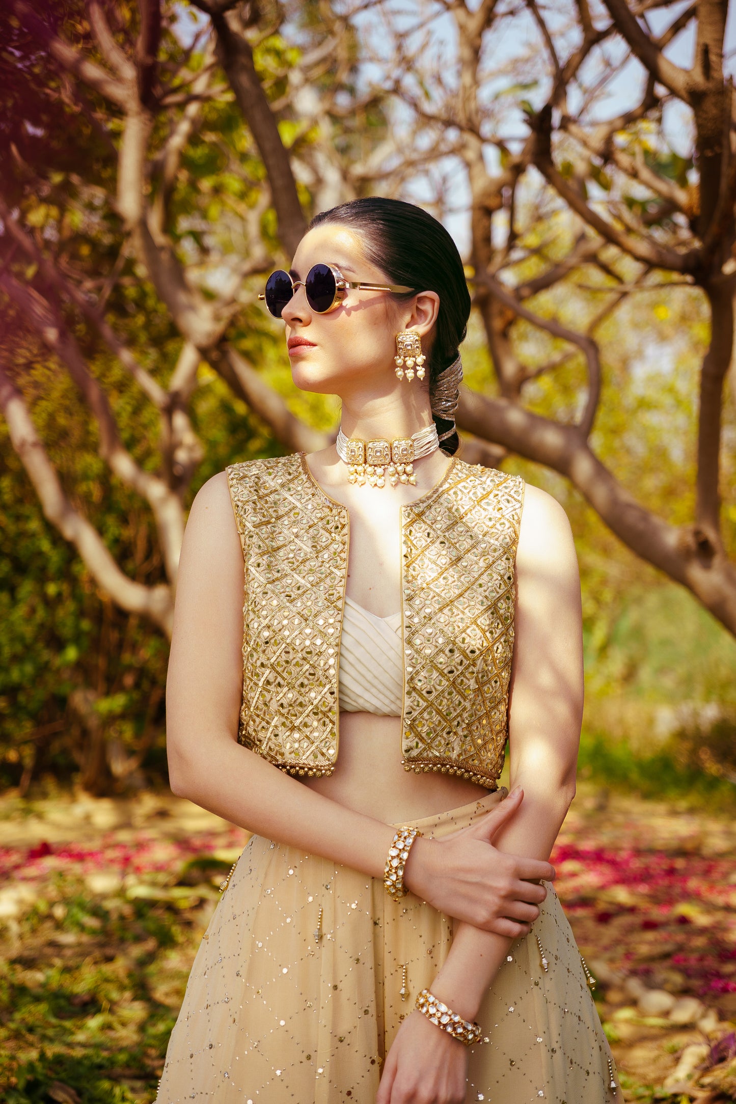 Mukaish Jaal Sharara + Shimmer Crop Top + Mirror Work Bolero