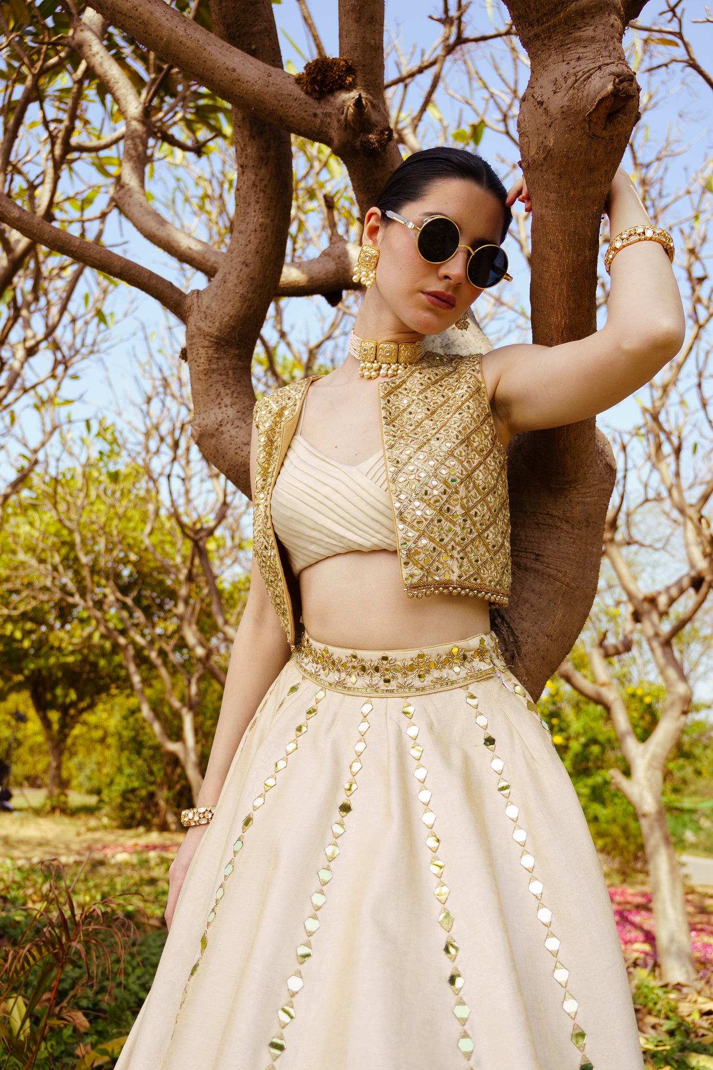 Mirror Work Lehenga + Shimmer Crop Top + Mirror Work Bolero