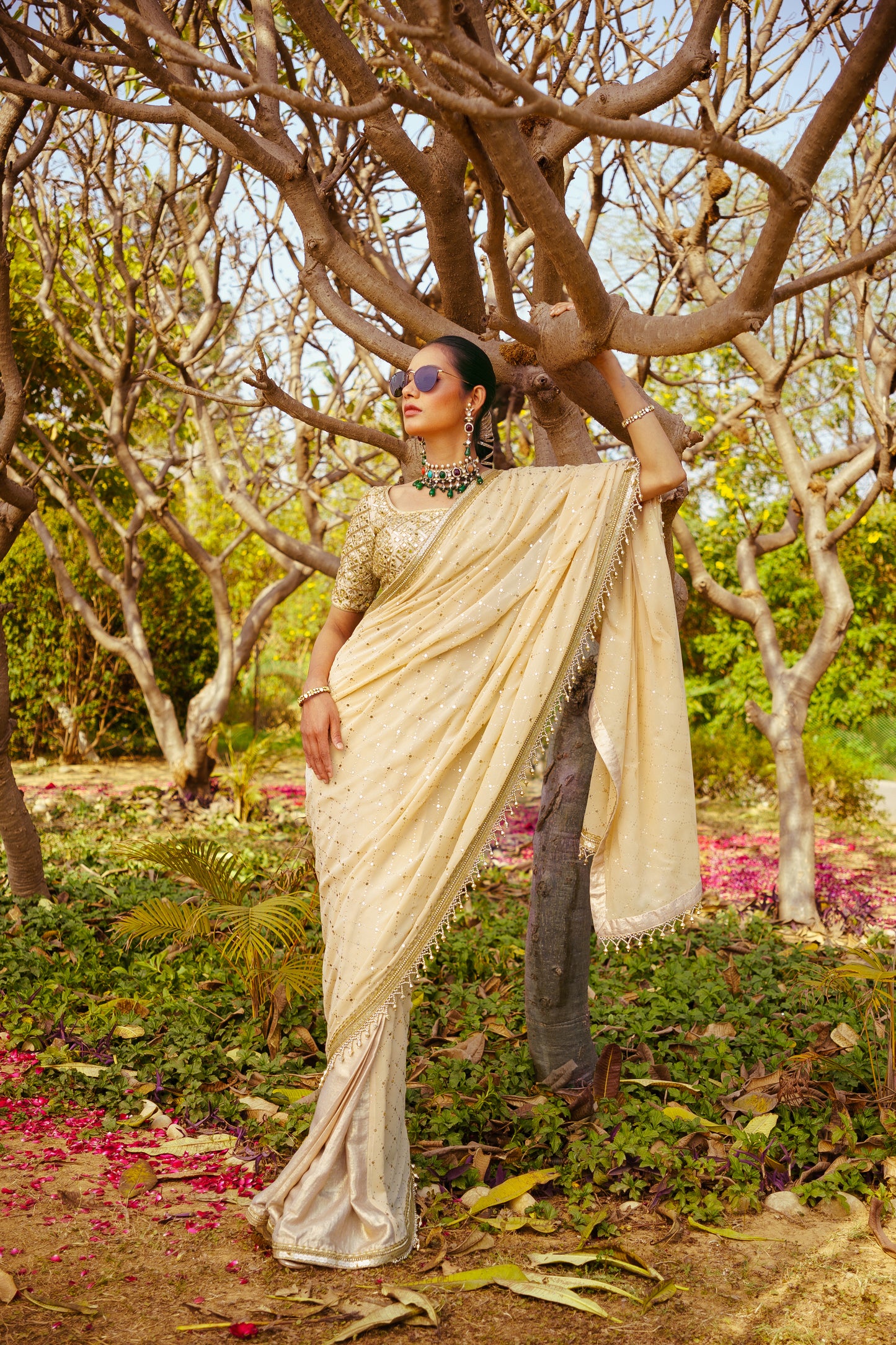 Mirror Work Blouse + Mukaish Jaal Stitched Saree