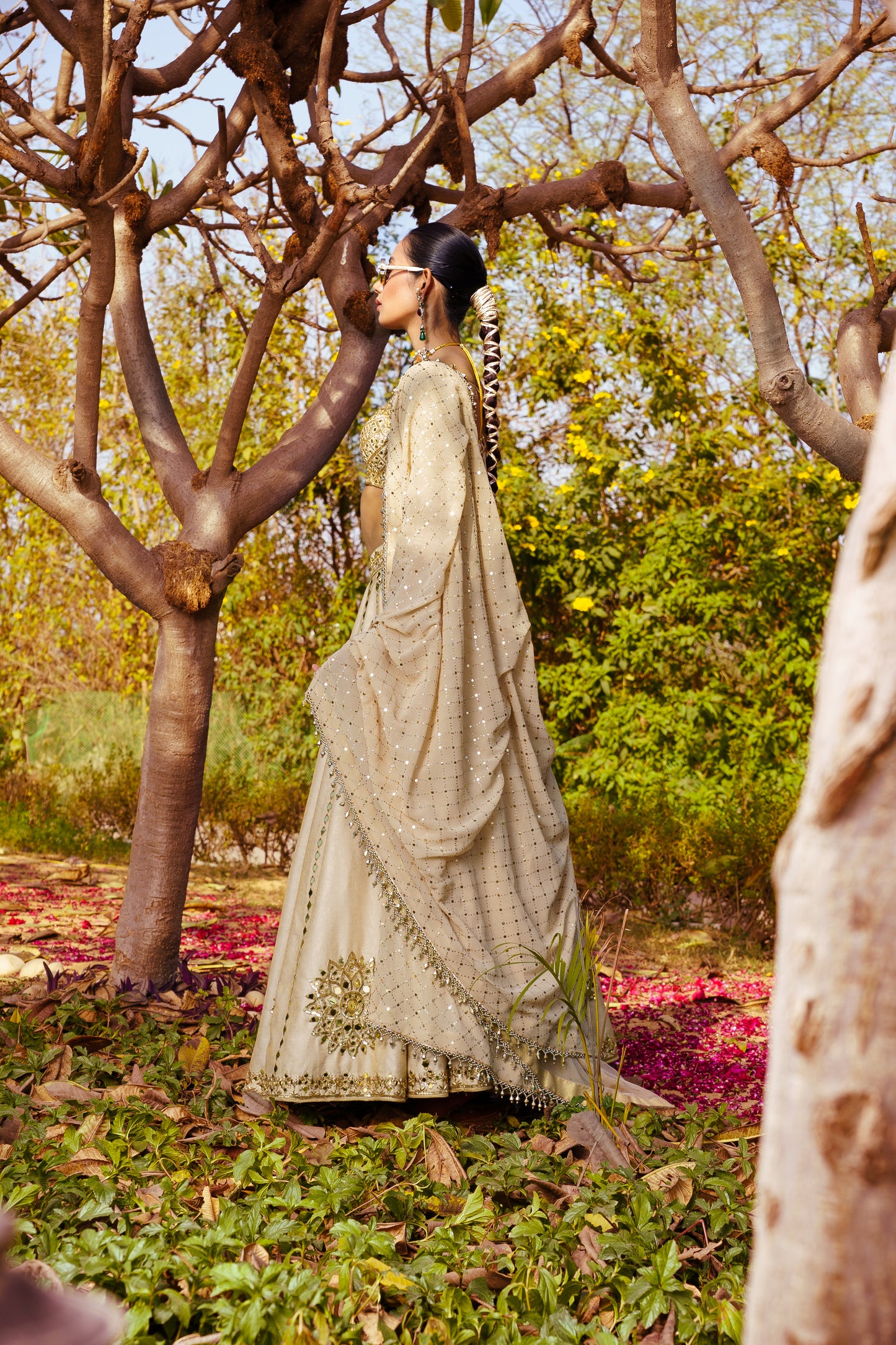 Mirror Work Lehenga + Mirror Work Blouse + Mukaish Jaal Dupatta