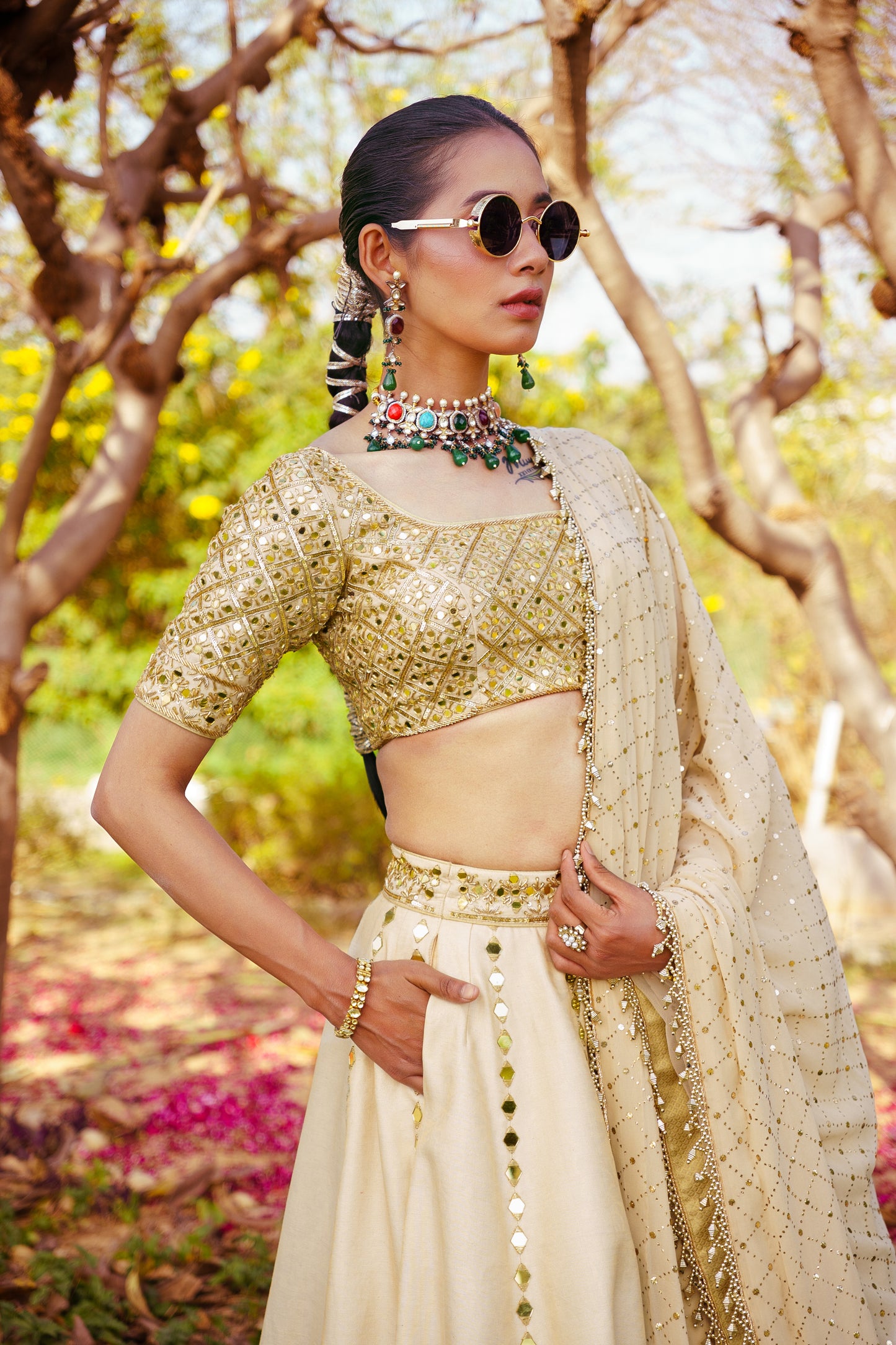 Mirror Work Lehenga + Mirror Work Blouse + Mukaish Jaal Dupatta