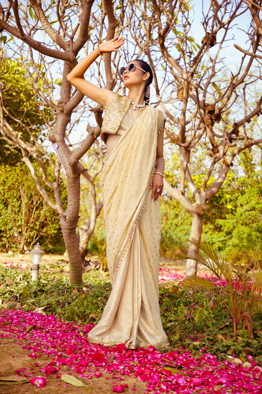 Mirror Work Bolero + Shimmer Blouse + Mukaish Jaal Stitched Saree