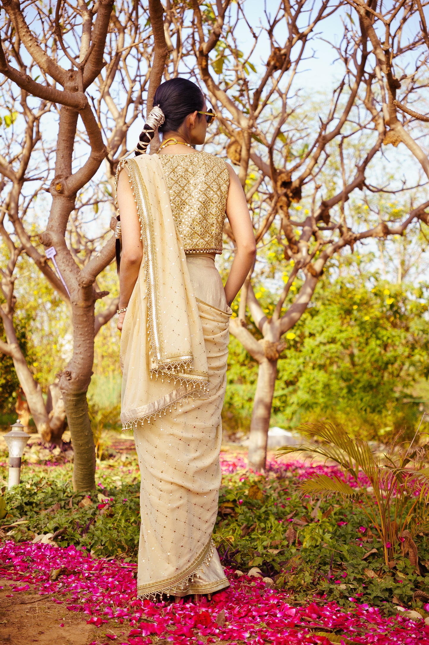 Mirror Work Bolero + Shimmer Blouse + Mukaish Jaal Stitched Saree