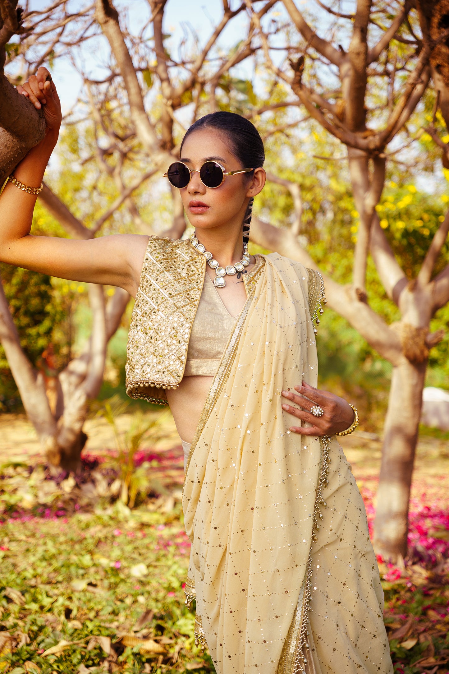 Mirror Work Bolero + Shimmer Blouse + Mukaish Jaal Stitched Saree