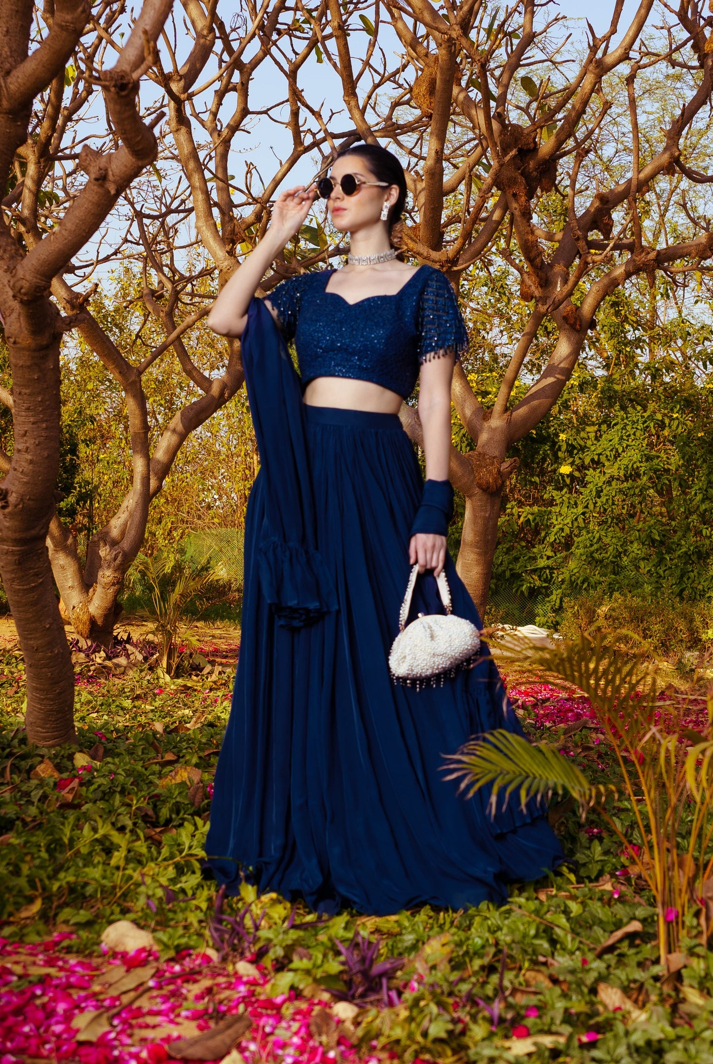 Midnight Blue Dori & Sequence work Blouse paired with a Flowy Skirt & Frill Dupatta