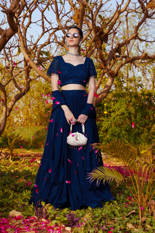 Midnight Blue Dori & Sequence work Blouse paired with a Flowy Skirt & Frill Dupatta