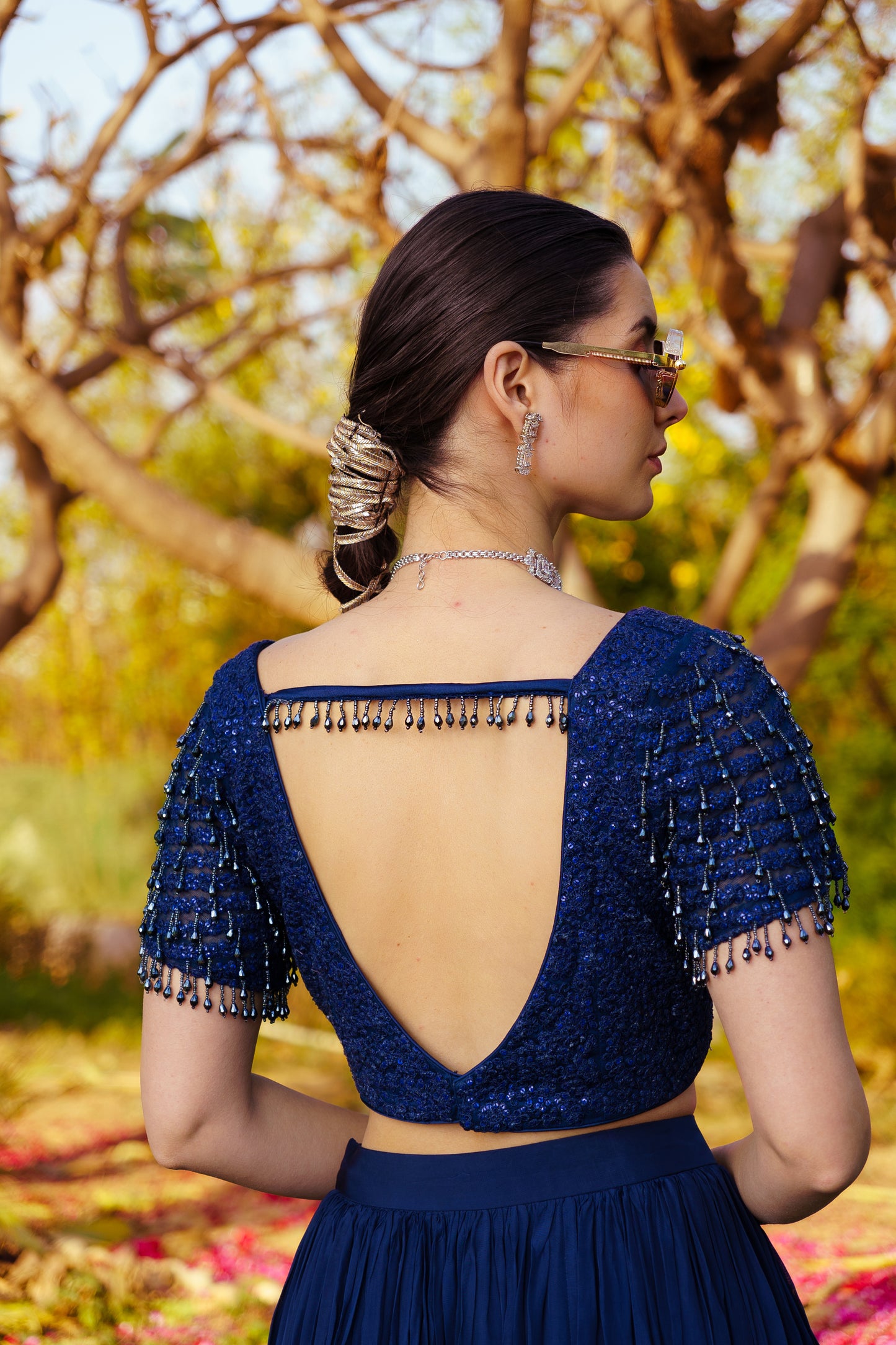 Midnight Blue Dori & Sequence work Blouse paired with a Shimmer Stitched Saree