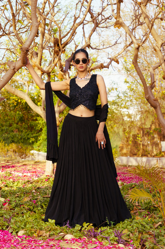 Black Dori & Sequence work Blouse paired with a Flowy Skirt & Frill Dupatta