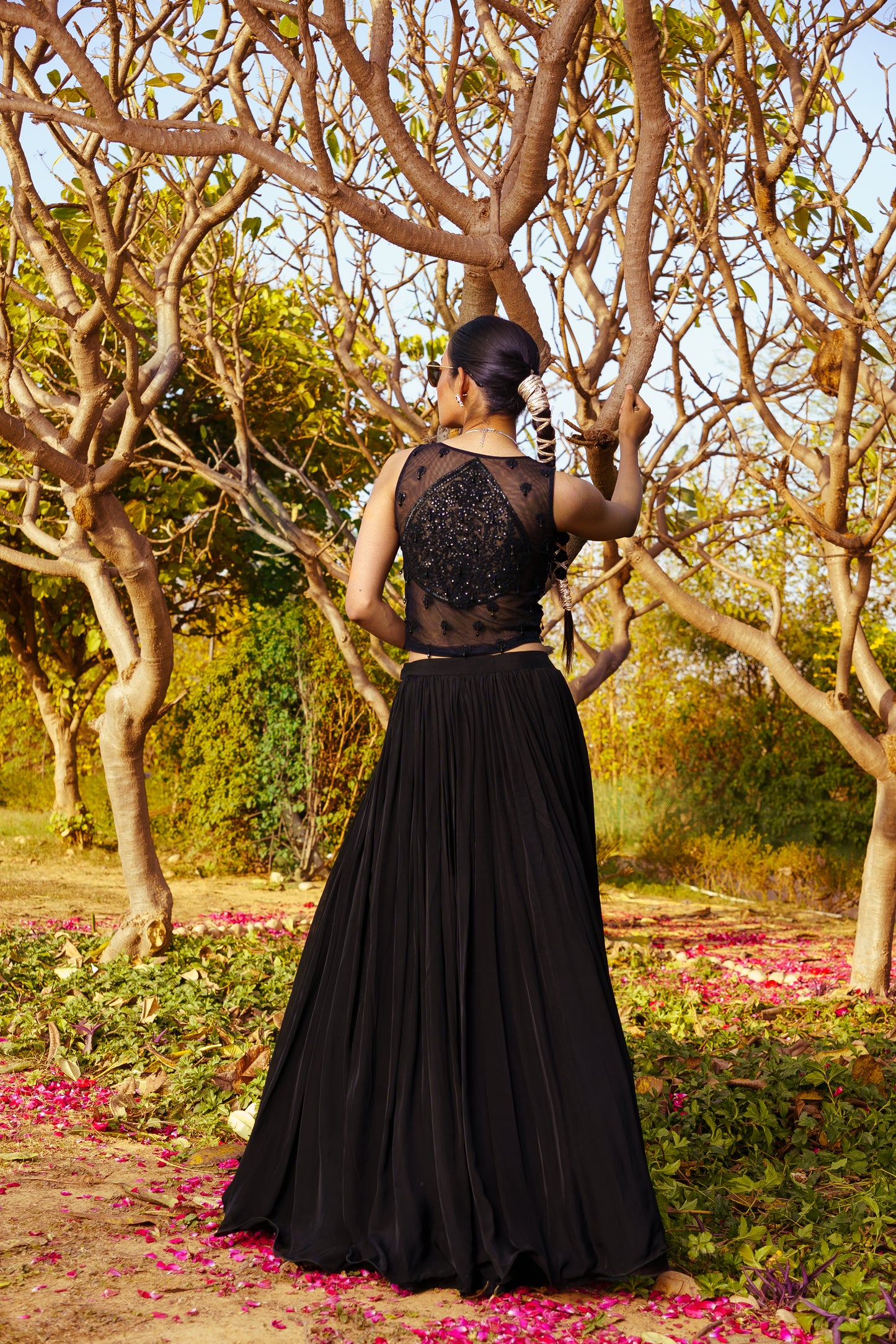 Black Dori & Sequence work Blouse paired with a Flowy Skirt & Frill Dupatta