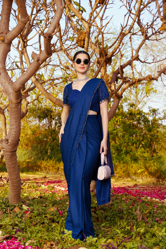 Midnight Blue Dori & Sequence work Blouse paired with a Shimmer Stitched Saree