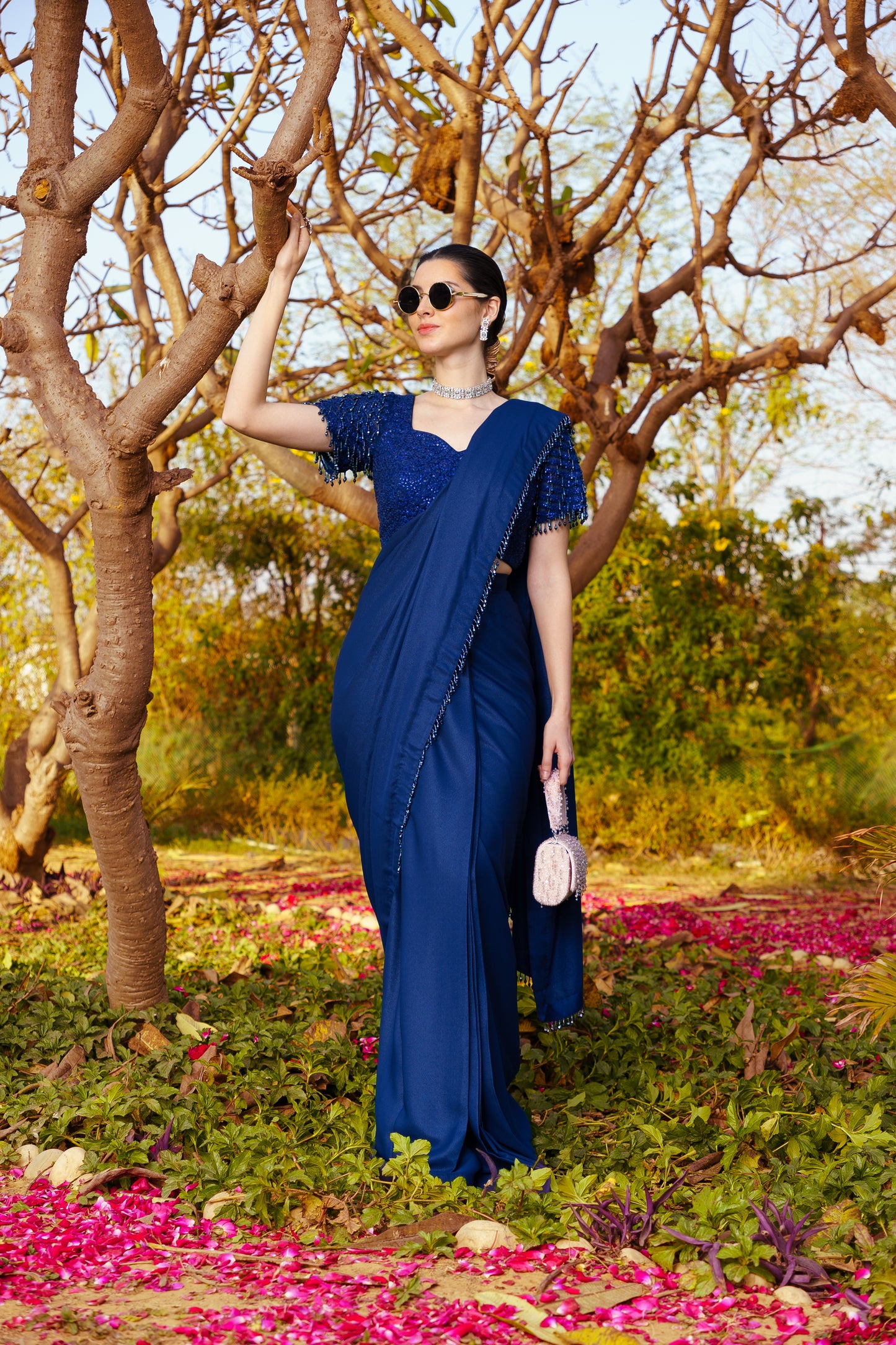 Midnight Blue Dori & Sequence work Blouse paired with a Shimmer Stitched Saree