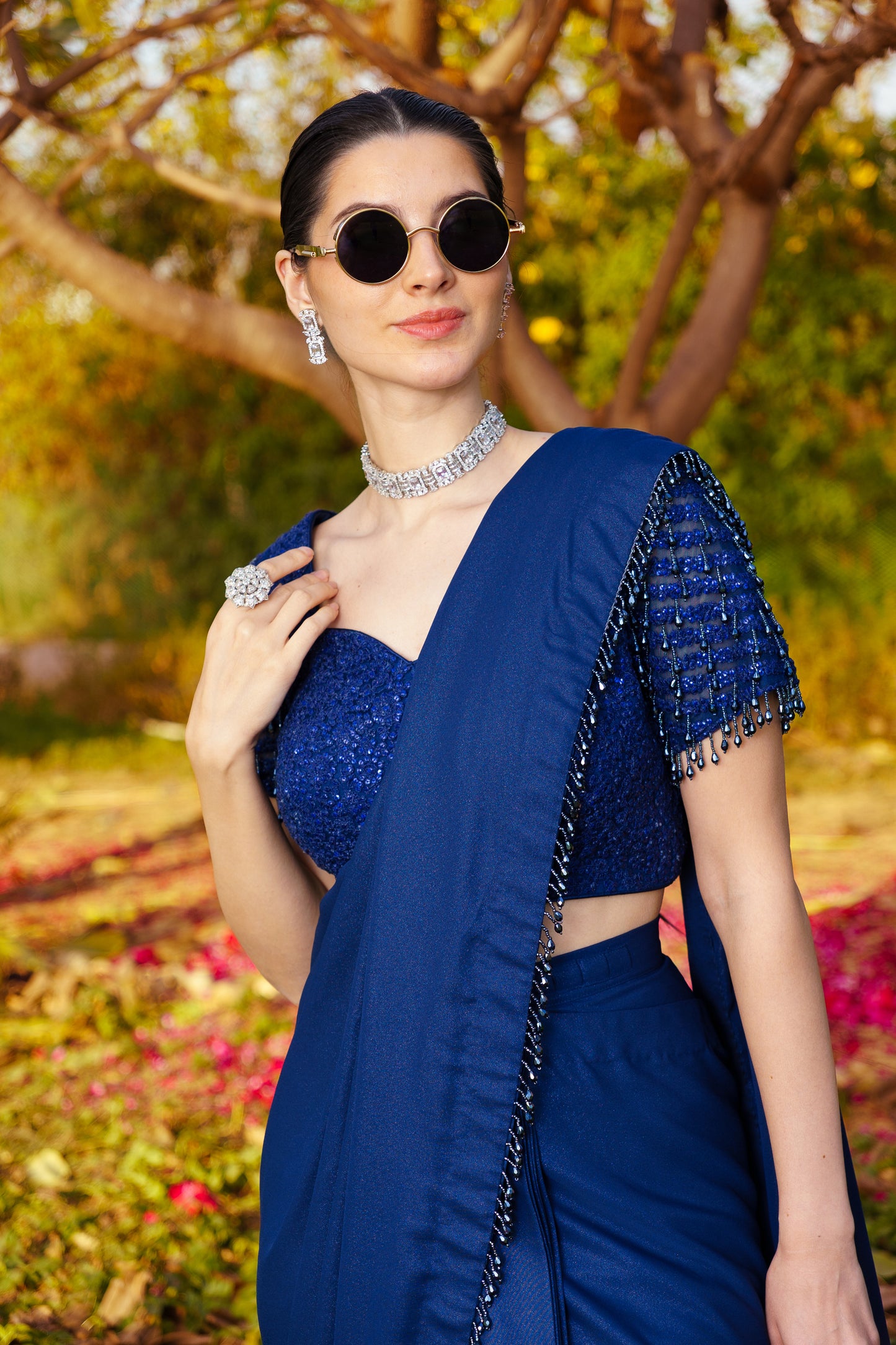 Midnight Blue Dori & Sequence work Blouse paired with a Shimmer Stitched Saree