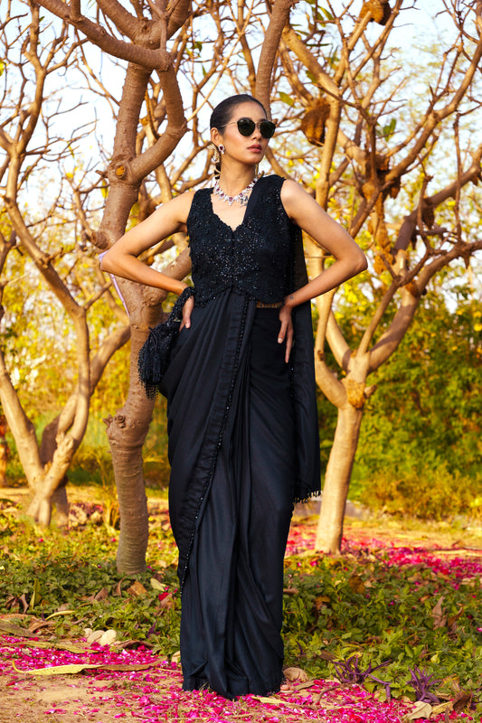 Black Dori & Sequence work Blouse paired with a Shimmer Stitched Saree