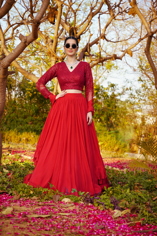 Red Dori & Sequence work Blouse paired with a Flowy Skirt & Frill Dupatta