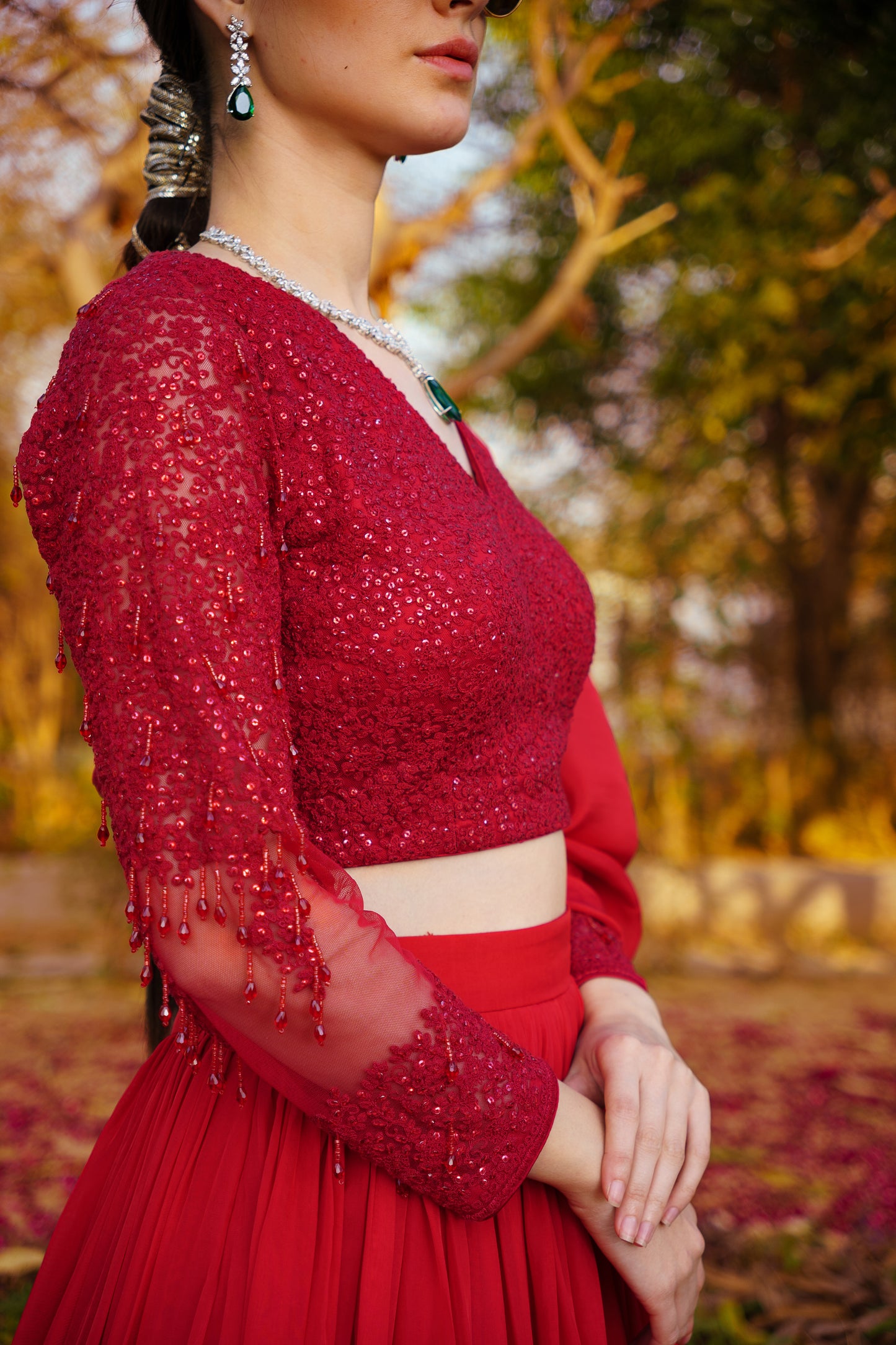 Red Dori & Sequence work Blouse paired with a Flowy Skirt & Frill Dupatta