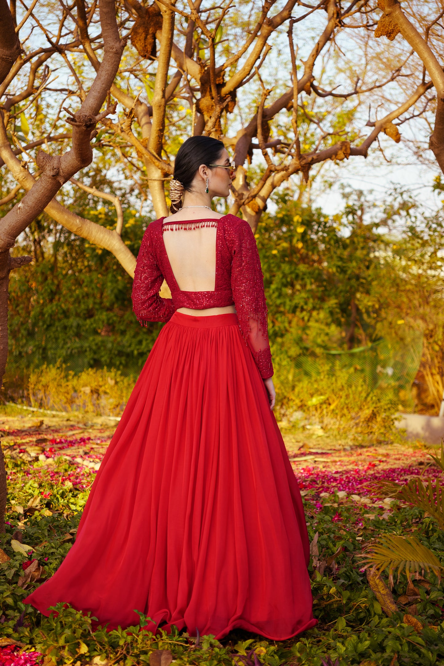 Red Dori & Sequence work Blouse paired with a Flowy Skirt & Frill Dupatta