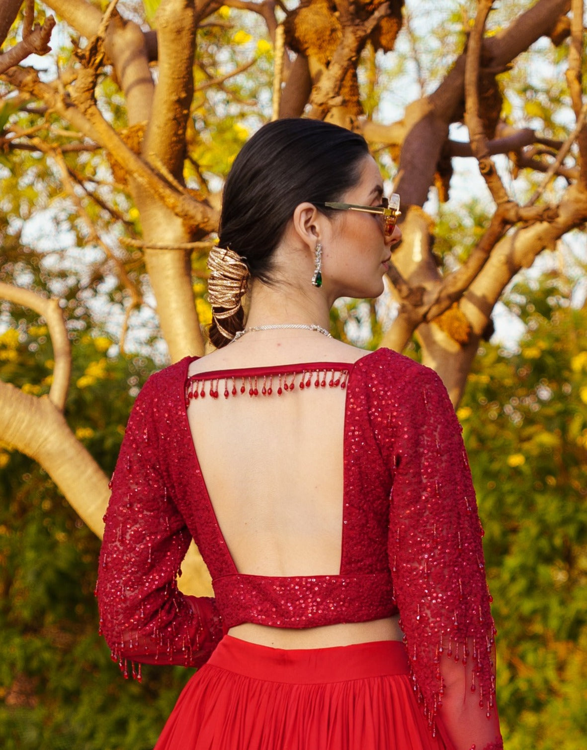 Red Dori & Sequence work Blouse paired with a Shimmer Stitched Saree