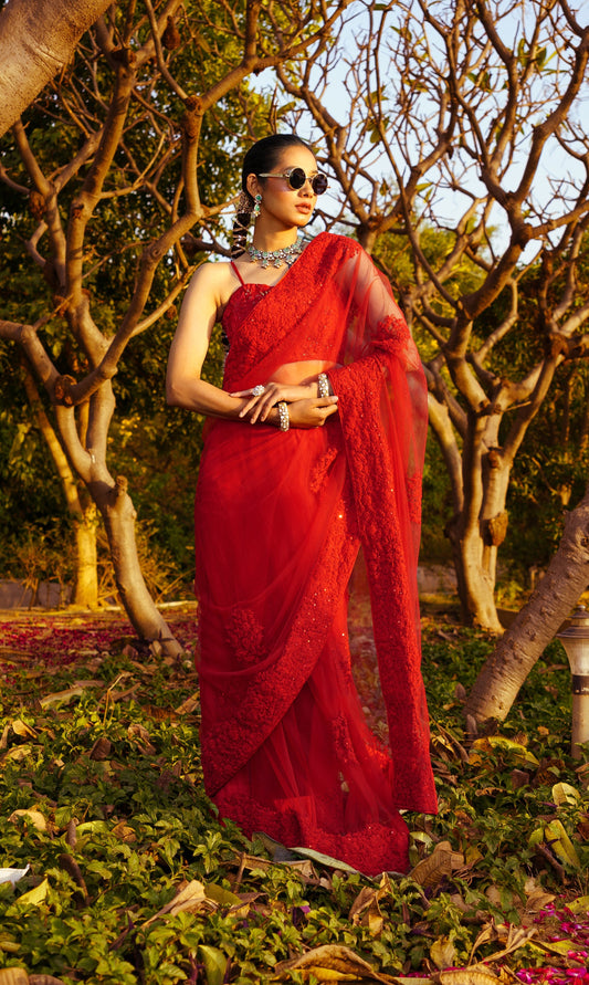 Red Resham, Dori & Sequence work Blouse & Saree Set