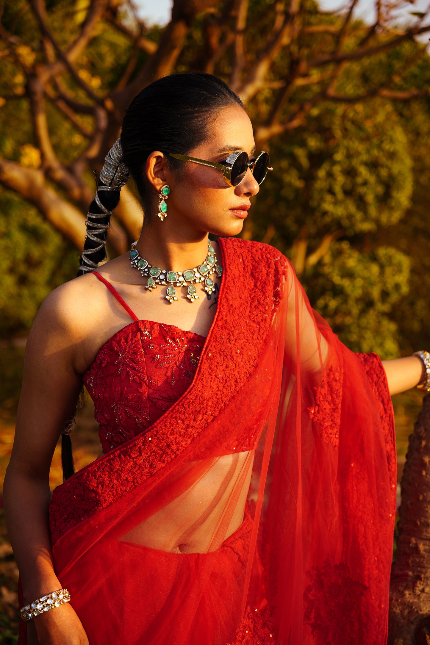 Red Resham, Dori & Sequence work Blouse & Saree Set