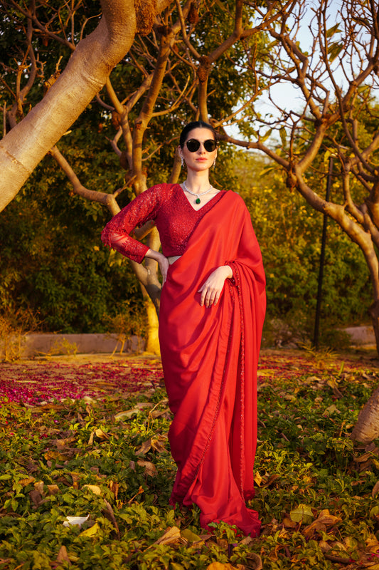 Red Dori & Sequence work Blouse paired with a Shimmer Stitched Saree