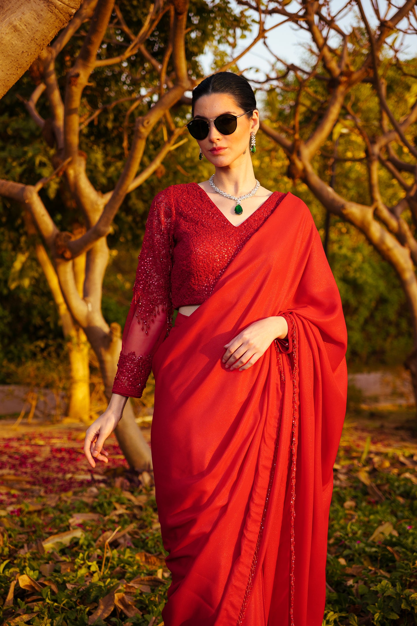 Red Dori & Sequence work Blouse paired with a Shimmer Stitched Saree